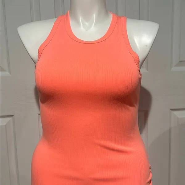 Aerie Neon Orange Ruched Ribbed Midi Dress with side slit size small‎ - Image 4