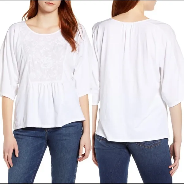 Nordstrom White Cotton Flowy Lightweight Embroidered Boho Peasant Top S new - Image 2