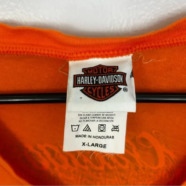 Vintage Harley Davidson Orange Chicago Gangster Biker V-neck T-shirt Size XL - Image 6