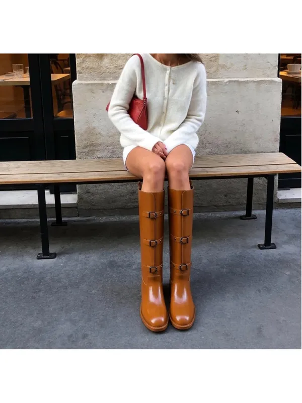 NEW Vegan Leather Knee High Boots Round Toe Chunky Low Heel Pull On Riding 7 - Image 7