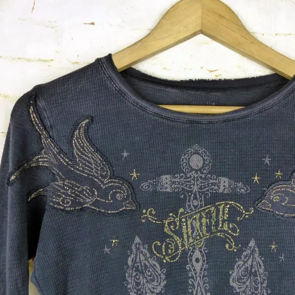 VTG Sinful Affliction Thermal Waffle Top Women M Black Destroyed Bird Tattoo Y2K - Image 4
