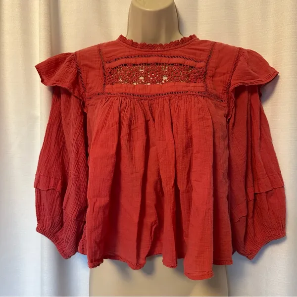 Free People Laura Western Top Red Berry Size XS Boho Embroidered FLAW Repaired - Image 4