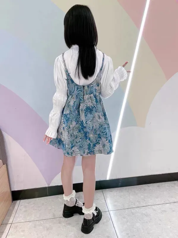 Blue White Floral Jacquard Mini Dress Square Neck Bow Pearl（only ONE‼️ BOW) - Image 4