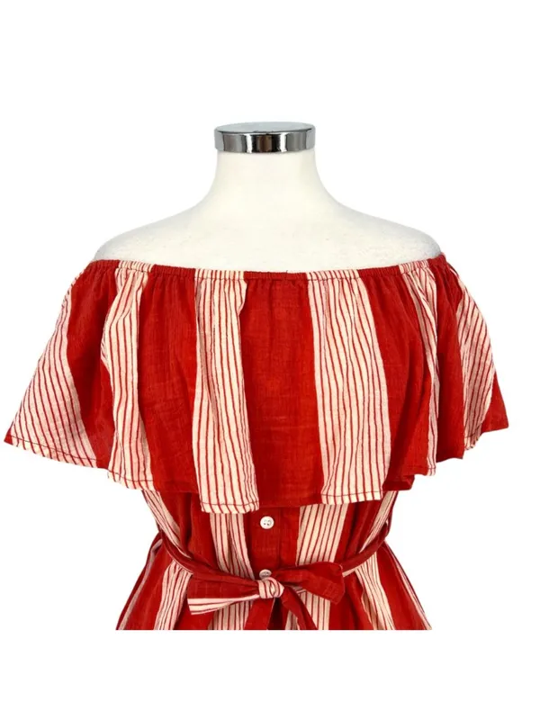 Faithfull The Brand Amalfi off-Shoulder Rust Red Striped Mini Dress Size Small - Image 2