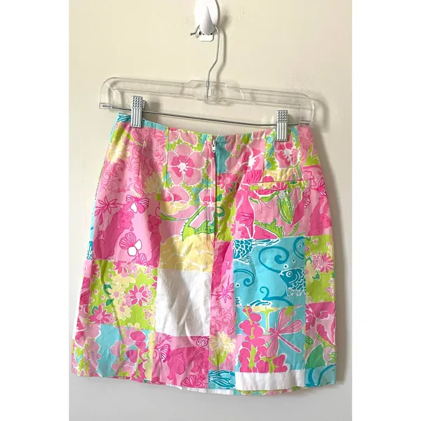 Lilly Pulitzer Vintage Patchwork Floral Animal Mini Skirt Pink Blue Size 2 - Image 2