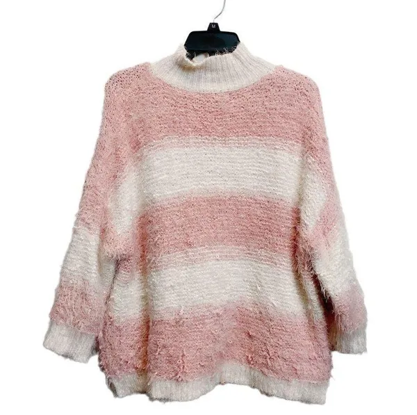 Altar'd State High Neck Stripe Pink White Sweater M/L loose Fit Winter Fall Knit Fringe - Image 2