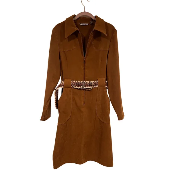 Vintage Amanda Smith Faux Suede Shirt Dress With Boho Braided Belt Tan Size 10 - Image 2