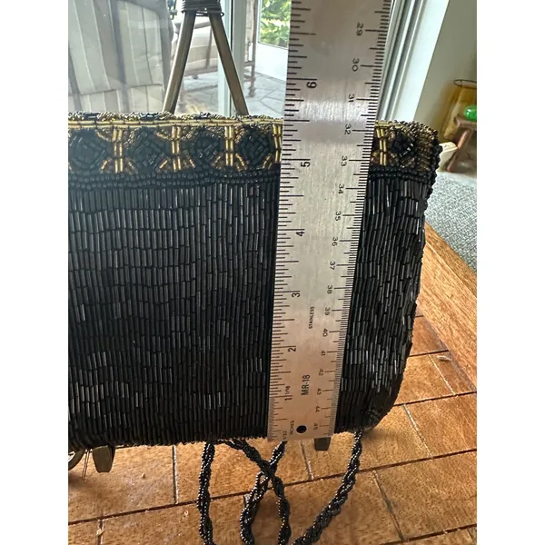 Vintage Beaded Evening Clutch Bag Black Gold Geometric Crossbody Formal PurseGUC - Image 9