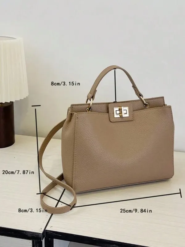 Twist lock Taupe tan Top-Handle Satchel Bag with crossbody faux leather - Image 7