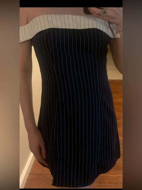 Cider Navy Pinstripe Off-Shoulder Mini Dress with Cream Trim - Image 5