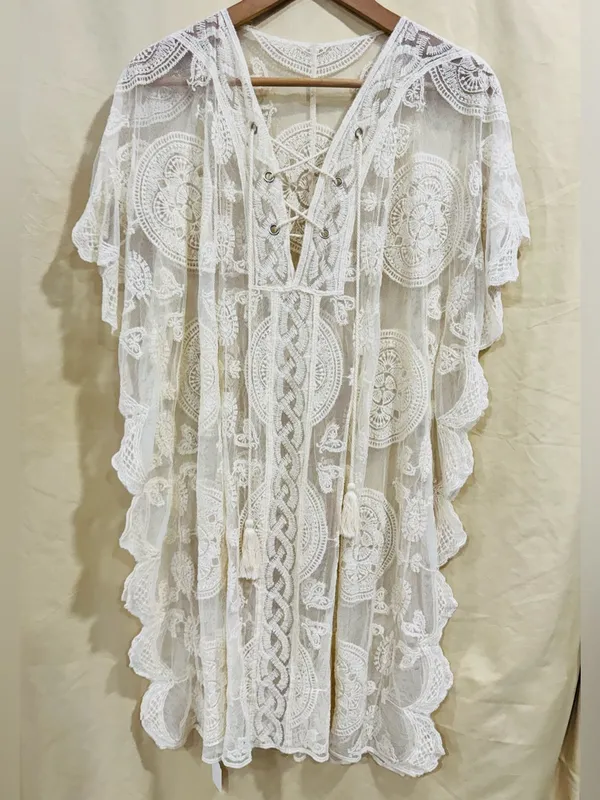 Cream Lace Crochet Kimono Cover Up Beach Swim Tassel Tie Sheer Embroidered OS - Image 2