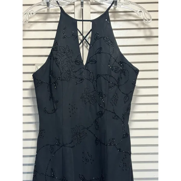 Night‎ Scene Black Beaded Chiffon Halter Keyhole Long Formal Gown Size M Lined - Image 2
