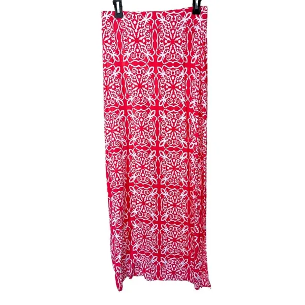 Boden Jersey Maxi‎ Skirt Size 8 Coral Pink White Paisley Colorful Draped Summer - Image 3