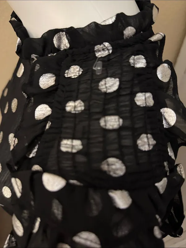Black Polka Dot Sheer Long-Sleeve Blouse with Ruffled Neckline - Image 3