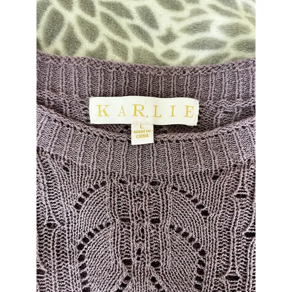 Pointelle Ruffle Knit Sweater Large Purple Boho Chic Coquette Romantic Feminine - Image 2