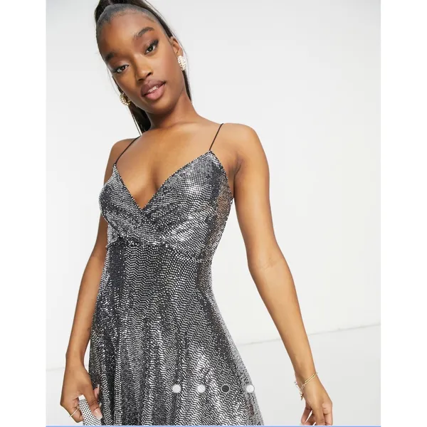 Flounce Club London Wrap Mini Size 10 Dress Metallic Y2K Indie Sleaze Retro - Image 3