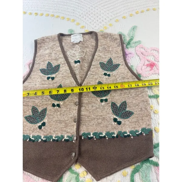 Christopher & Banks Hand Embroidered‎ Sweater Vest Brown Tan Leaf Button Front M - Image 3