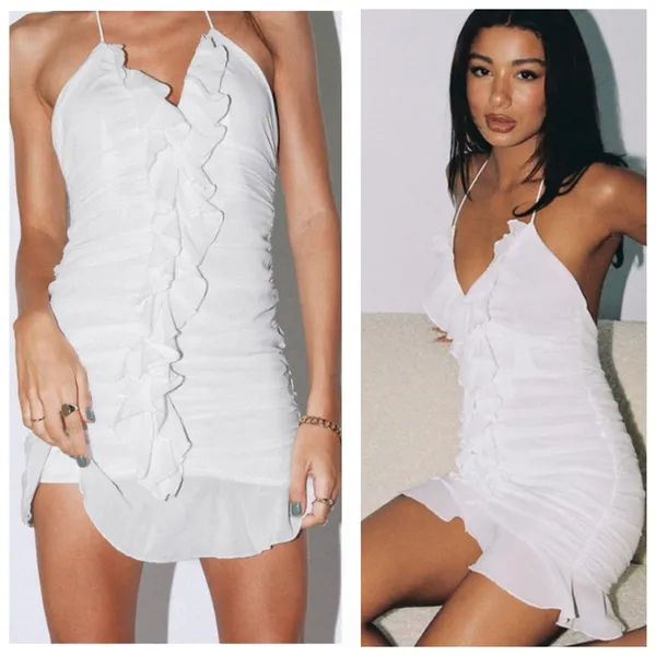 Princess Polly Eddy White Ruffle Mini Dress Size 10 Halter Chiffon Bridal Sexy - Image 2