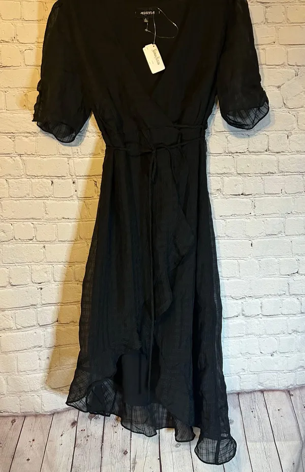 4S13NNA Womens Valerie Ruffle Hem Wrap Black Dress Short Puff Sleeves L - Image 2
