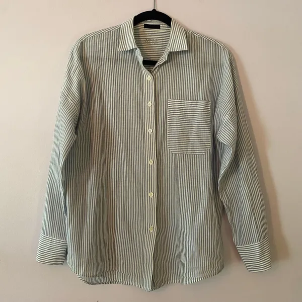 ATM Blue White Stripe Boyfriend Button Down Blouse Cotton Preppy Minimalist XS - Image 2