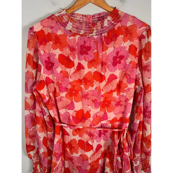 Maison Tara Floral Mini Dress Womens 12 Pink‎ Orange Ruffle Smocked Long Sleeve - Image 3