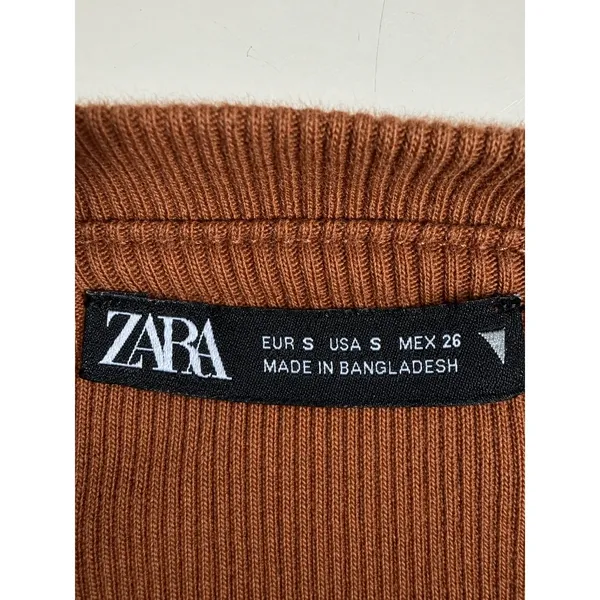 Zara Brown Ribbed Ruched Side Drawstring Bodycon Mini Dress Small Stretch - Image 5
