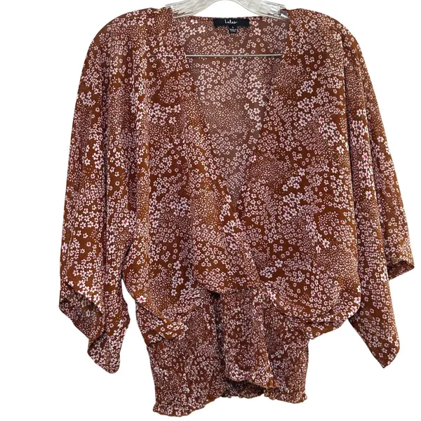 Lulus Promises Kept Brown Floral Print Sheer Smocked Top women's large cottage - Image 2