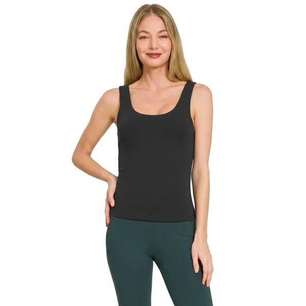 Zenana Double Layered Double Scoop Tank Top - Black - Large - Image 3