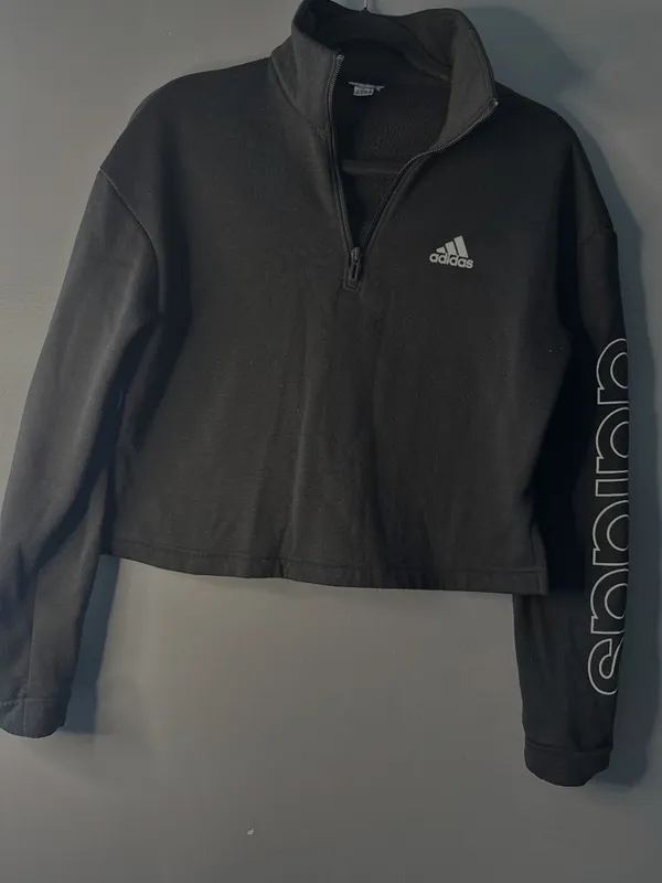 Adidas Womens M Cropped Quarter Zip Sweatshirt Black Logo Sleeve Pullover - Image 2