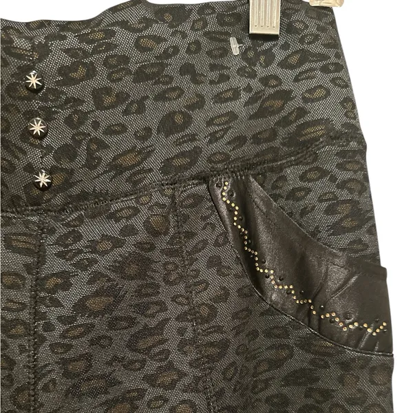 High Rise Black Bling Stud Animal Print Fleece Lined Pullon Pant - Image 3