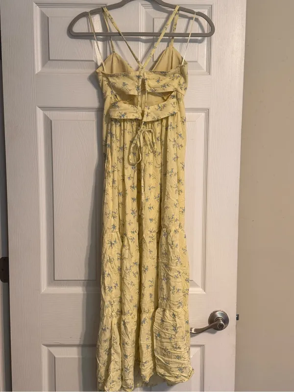 Hollister Pale Yellow Blue Floral Print Adjustable Strap Open Back Slip Dress XS - Image 4
