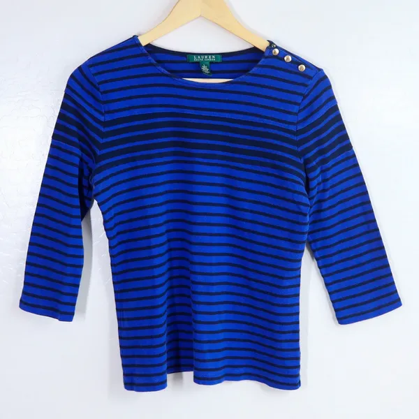 Lauren Ralph Lauren Blue Black Stripe Boat Neck 3/4 Sleeve Shirt‎ Top Womens L - Image 2