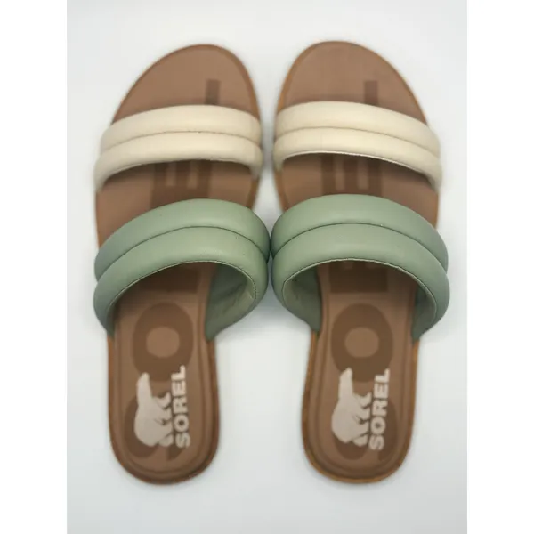 Sorel Roaming Puffy Slide Sandals Sage Green Cream Leather Flat Slip‎ On Women - Image 5