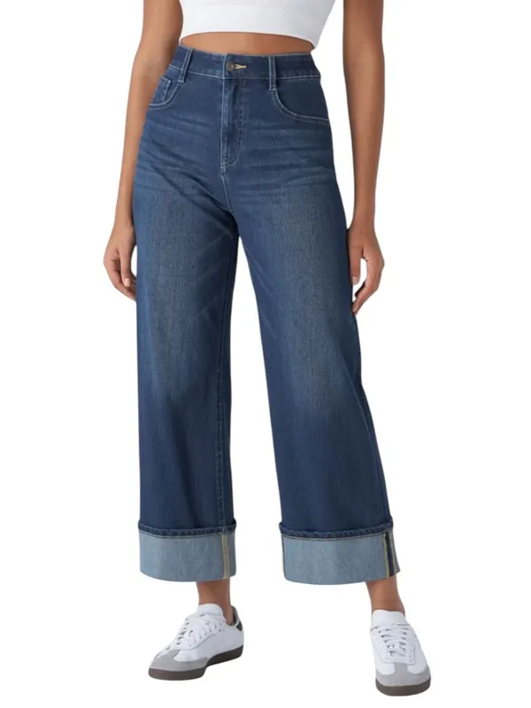 Halara Flex High Waisted Pockets Rolled Hem Wide Leg Washed Casual Jeans Size XS - Image 5