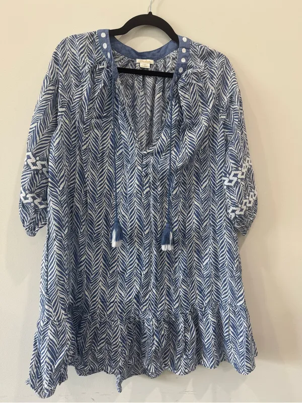 Shoshanna blue and white patterned Harbor Tassel Cotton Dress Size M Like New - Image 4