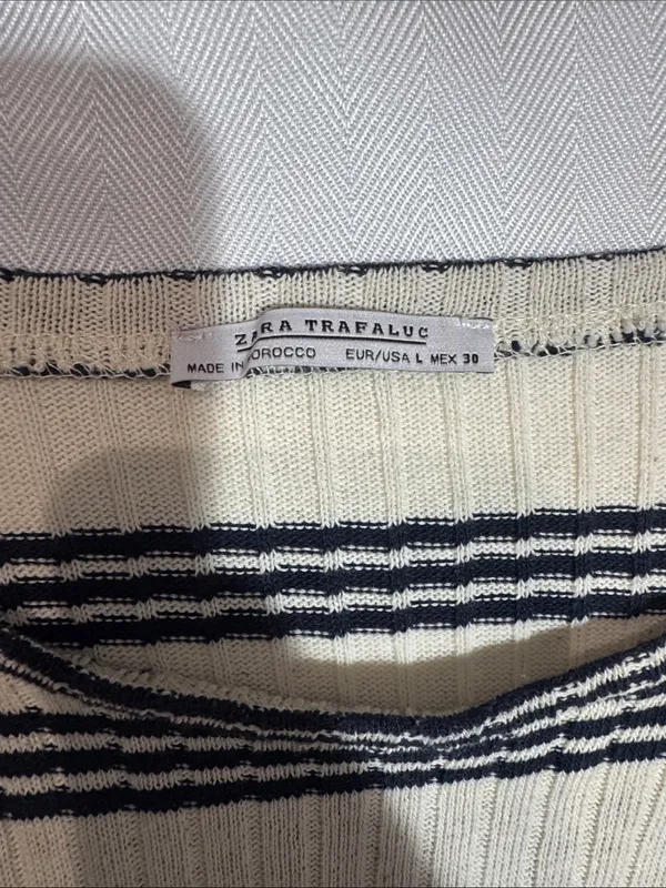 Zara Cream and Navy Striped Ribbed Bell-Sleeve Top - Image 2