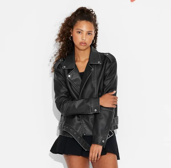 Target Oversized Brown Faux Leather Biker Moto Jacket - Image 4