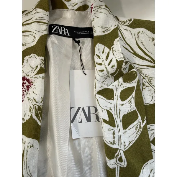 Zara Women Olive Green Floral Linen Blend Blazer Jacket XS NWT‎ Officecore Fun - Image 3