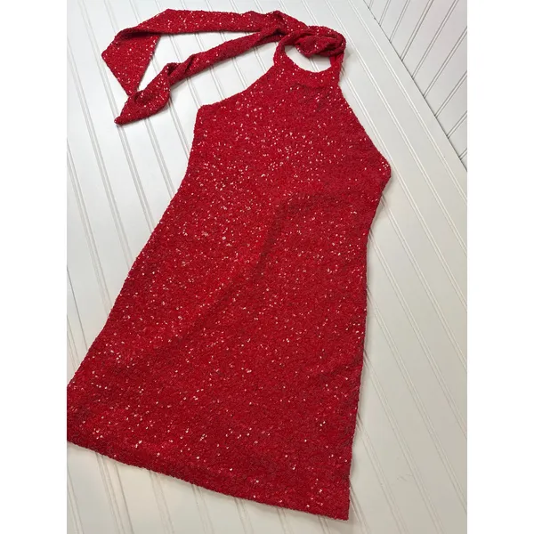 NWT Mango Red Sequined Halter Neck Mini Dress Cocktail Party Glam Bling Size 8 - Image 2