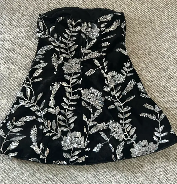 Dear Moon Short Formal Dress black velvet silver sequin L - Image 3