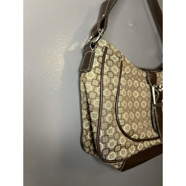 Nine West Shoulder Bag Womens Small Brown Geometric Faux Leather Purse Buckle - Image 2