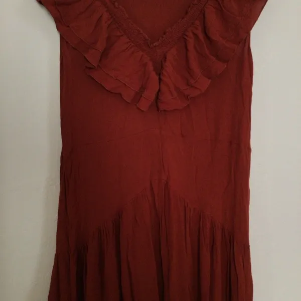Zara Ruffle Midi V-Neck Terracotta Orange Red Smocked Tiered Flowy Dress Small - Image 8