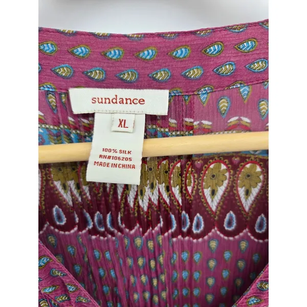 Sundance Silk Blouse Womens XL Boho Pintuck Crochet Lace Pink Paisley V-Neck * - Image 2