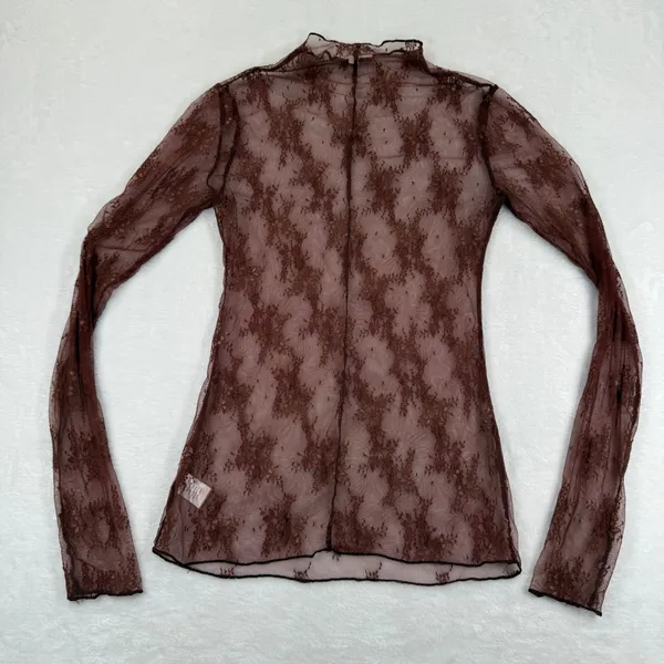 Sweet Generis‎ Womens Brown Sheer Floral Lace Mock Neck Long Sleeve Top Large - Image 7