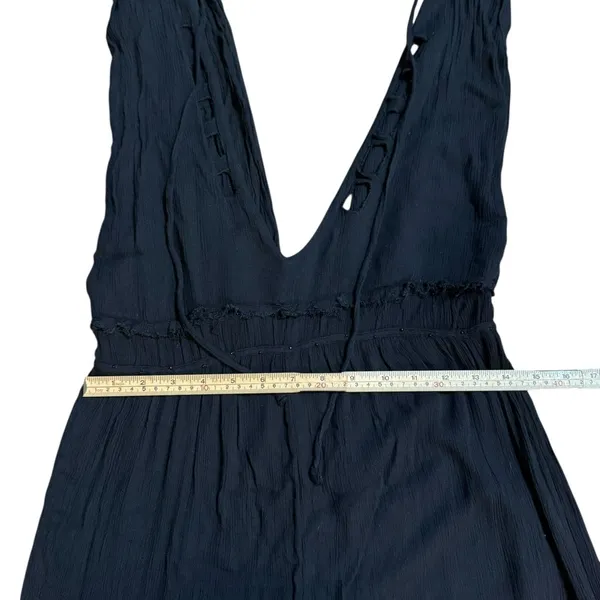 Free People Black Wide Leg Jumpsuit Deep V Neck Boho Flowy‎ Silhouette Sz S - Image 8