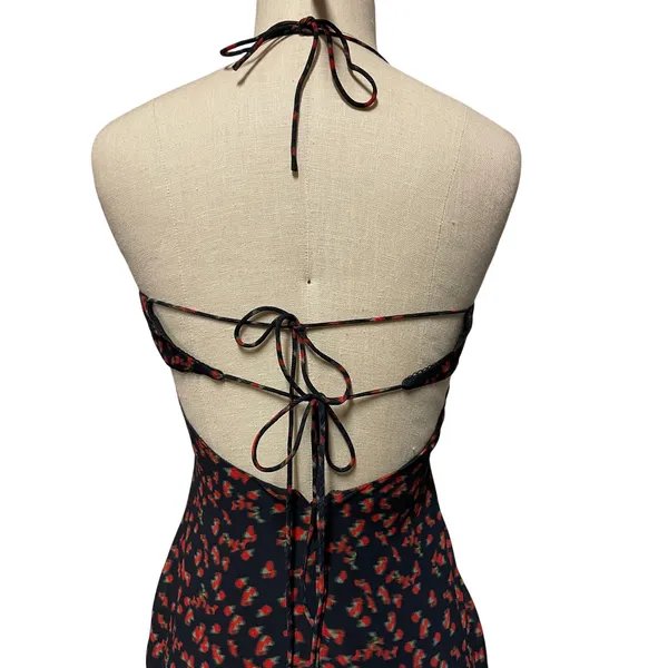 White Fox Black Floral Slip Dress Open Back Tie Maxi Small - Image 7
