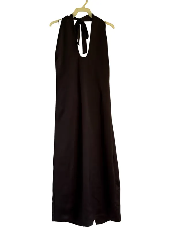 Jason Wu Black Satin Halter Plunging U-Neckline Midi Dress Medium Women’s - Image 3