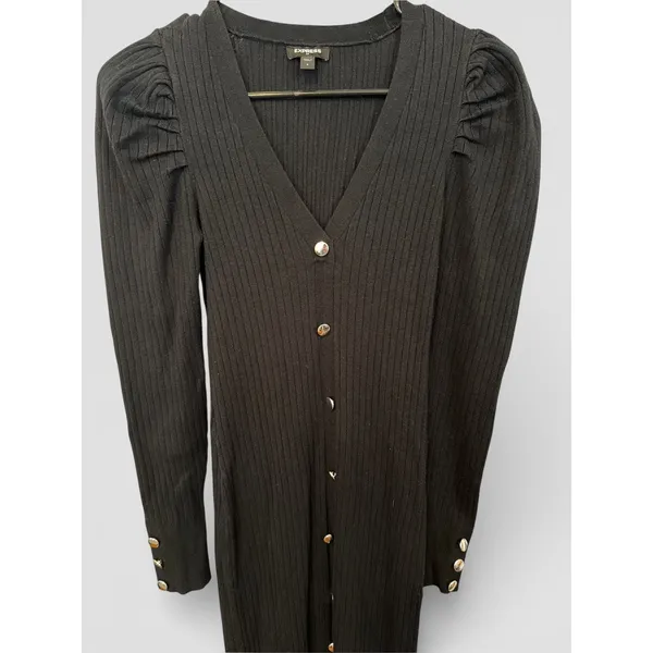 Express‎ Womens Black Ribbed Knit Puff Shoulder Gold Button Midi Dress Small - Image 4