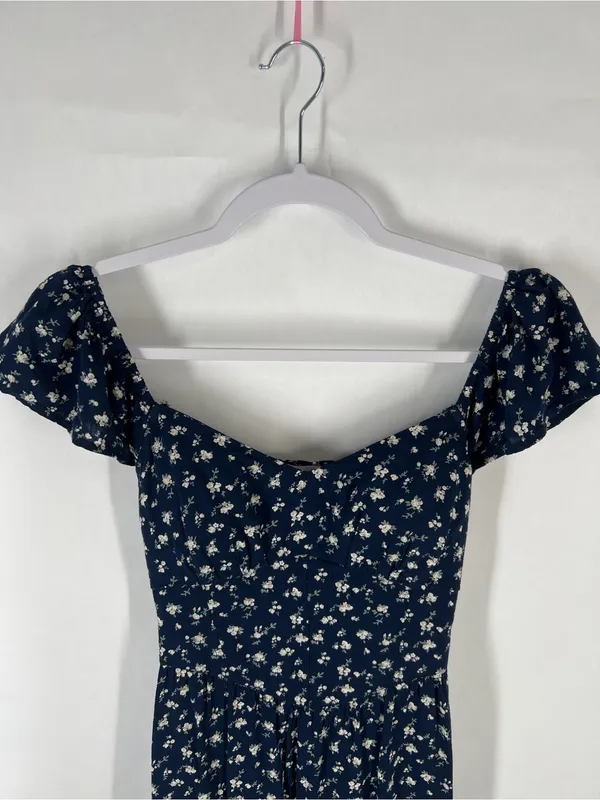 Hollister Navy Floral Puff-Sleeve‎ Midi Dress with Side Slit - Image 3