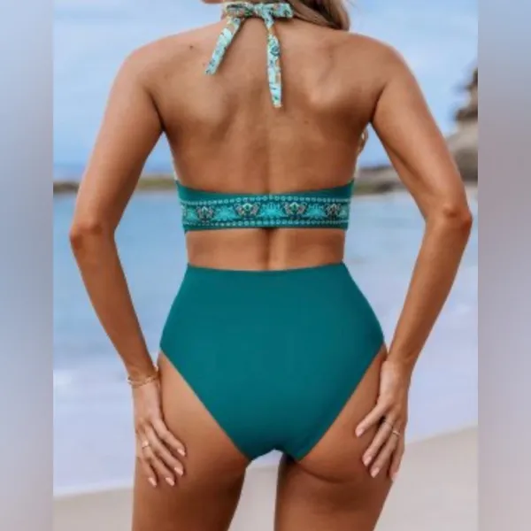 Cupshe Teal Floral Piece Cut Out Plunge Sides Halter One Piece Swimsuit Size L - Image 2